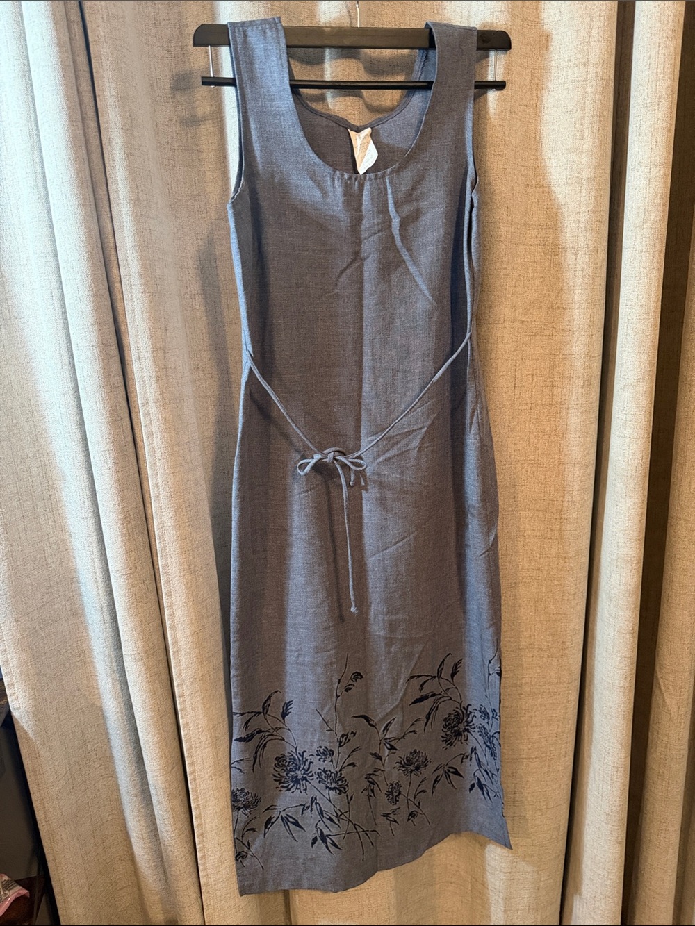 Vintage Slate Blue Maxi Dress with Floral Hem